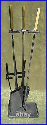 Vintage Art Deco Modern Brass Iron Fireplace Tool Set 3pc Stand