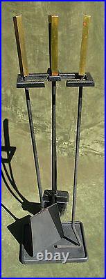 Vintage Art Deco Modern Brass Iron Fireplace Tool Set 3pc Stand