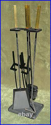 Vintage Art Deco Modern Brass Iron Fireplace Tool Set 3pc Stand