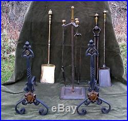 Vintage Art Deco Modern Brass Iron Fireplace Tool Set 3pc Stand