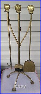 Vintage Art Deco Modernist Brass Hand Fist Sculpture Fireplace Tool Set