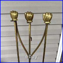 Vintage Art Deco Modernist Brass Hand Fist Sculpture Fireplace Tool Set