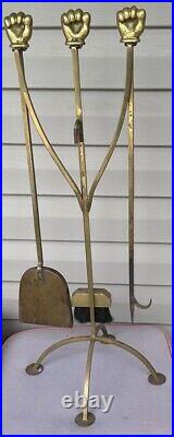 Vintage Art Deco Modernist Brass Hand Fist Sculpture Fireplace Tool Set