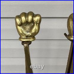 Vintage Art Deco Modernist Brass Hand Fist Sculpture Fireplace Tool Set