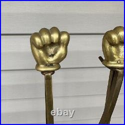 Vintage Art Deco Modernist Brass Hand Fist Sculpture Fireplace Tool Set