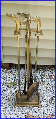 Vintage Art Deco Style Brass Equestrian Horse Head Fireplace Tools Set & Stand