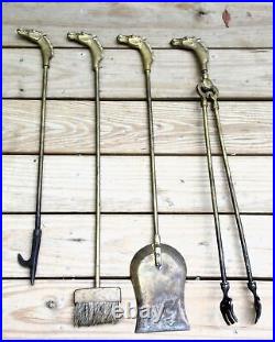 Vintage Art Deco Style Brass Equestrian Horse Head Fireplace Tools Set & Stand