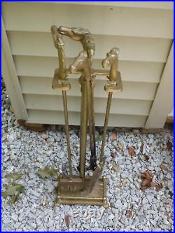 Vintage Art Deco Style Brass Equestrian Horse Head Fireplace Tools Set & Stand