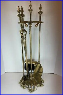 Vintage Art Nouveau French Ornate Brass 5 pcs Fireplace Chimney Hearth Tool Set