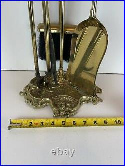 Vintage Art Nouveau French Ornate Brass 5 pcs Fireplace Chimney Hearth Tool Set