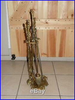 Vintage Art Nouveau Solid Brass Victorian Style Fireplace Tools Set & Stand