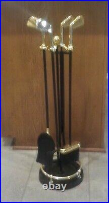 Vintage Artisan Brass Metal Golf Club Handle Fireplace Tool Set 5 pcs withStand