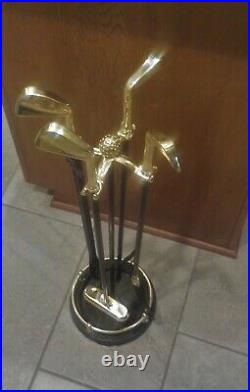 Vintage Artisan Brass Metal Golf Club Handle Fireplace Tool Set 5 pcs withStand