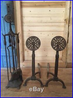 Vintage Arts And Crafts Andirons Fireplace Tool Set Metal