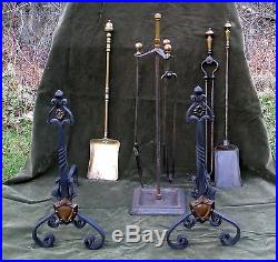 Vintage Arts & Crafts Deco Hammered Iron Brass Fire place Tool Set 3pc Stand