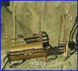 Vintage Arts & Crafts Hammered Iron Fire place 3pc Tool Set Stand Bronze Finish