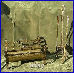 Vintage Arts & Crafts Hammered Iron Fire place 3pc Tool Set Stand Bronze Finish
