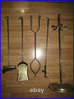Vintage BRASS DUCK HEAD Mallard FIREPLACE TOOL SET 5 Piece 4 Tools and Stand