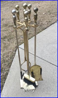 Vintage BRASS FIREPLACE SET & STAND POKER TONGS BROOM SCOOP SHOVEL