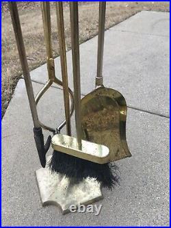 Vintage BRASS FIREPLACE SET & STAND POKER TONGS BROOM SCOOP SHOVEL