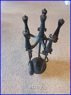 Vintage Black Mid Century Modern Cast Iron Andiron Fireplace Tool Set MCM Heavy