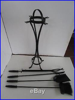 Vintage Black Wrought Iron Fireplace Tools 5 Pc set 27 stand holder retro