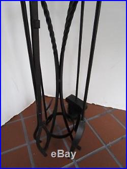 Vintage Black Wrought Iron Fireplace Tools 5 Pc set 27 stand holder retro