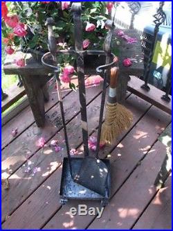 Vintage Blacksmith made Fireplace Tool Set Twisted Scrolled Tops. Hammered