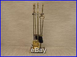 Vintage Brass 4 Piece Fireplace Tool Set with Stand Poker Shovel Brush Log Grabber