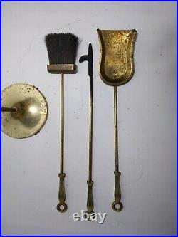 Vintage Brass 4-pc Fireplace Tools Set Art Deco Ring Stand Poker Brush Shovel