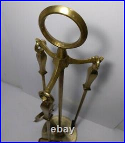 Vintage Brass 4-pc Fireplace Tools Set Art Deco Ring Stand Poker Brush Shovel