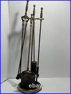 Vintage Brass 5 pc Fireplace Tool Set Tongs, Brush, Poker & Shovel 28 Inch RARE