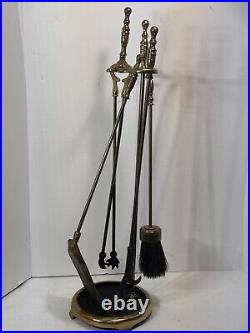 Vintage Brass 5 pc Fireplace Tool Set Tongs, Brush, Poker & Shovel 28 Inch RARE