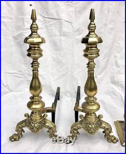 Vintage Brass Andirons And Fireplace Tool Set 7 Pieces