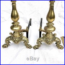 Vintage Brass Andirons And Fireplace Tool Set 7 Pieces