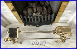 Vintage Brass Ball Topped Fire Dogs + Tools Poker Shovel Companion Set Coal Log