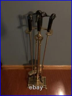 Vintage Brass Black Head Ducks Fireplace Tool Set 5 Pieces 4 Tools & Stand