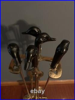 Vintage Brass Black Head Ducks Fireplace Tool Set 5 Pieces 4 Tools & Stand