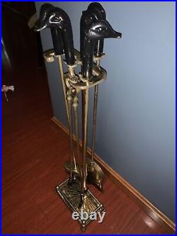 Vintage Brass Black Head Ducks Fireplace Tool Set 5 Pieces 4 Tools & Stand