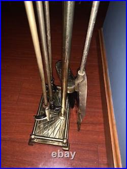 Vintage Brass Black Head Ducks Fireplace Tool Set 5 Pieces 4 Tools & Stand