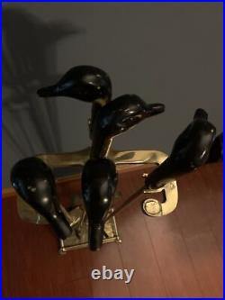 Vintage Brass Black Head Ducks Fireplace Tool Set 5 Pieces 4 Tools & Stand