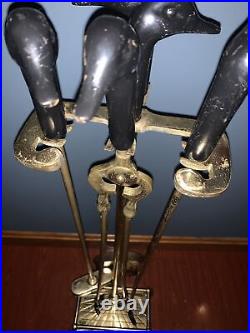 Vintage Brass Black Head Ducks Fireplace Tool Set 5 Pieces 4 Tools & Stand