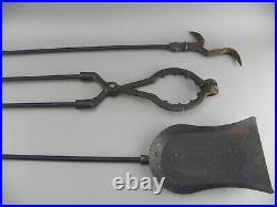 Vintage Brass Black Wrought Iron Poker Shovel Broom Tongs Fireplace Tool Set Lot