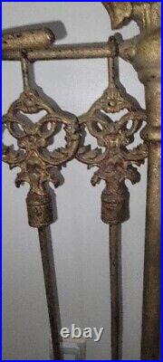 Vintage Brass Bronze Cast Iron Heavy Solid 5-Piece Fireplace Tool & Stand Set