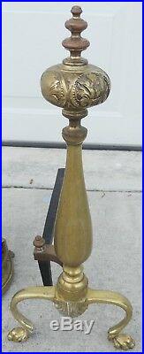 Vintage Brass Claw Foot Fireplace Andirons & Poker Tool Set #3335