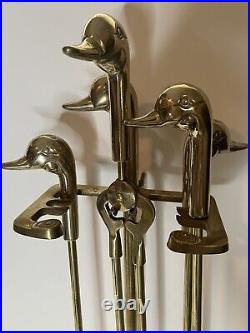 Vintage Brass Duck Head 5 Piece Fireplace Tool Set