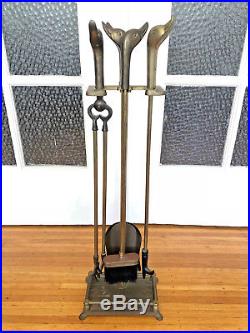 Vintage Brass Duck Head Fireplace 5 Pc Tool Set Poker Tongs Shovel Brush Stand