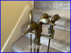 Vintage Brass Duck Head Fireplace 5 Piece Tool Set Stand Plus 4 Tools