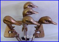Vintage Brass Duck Head Fireplace Tool Set 4 Piece + Stand