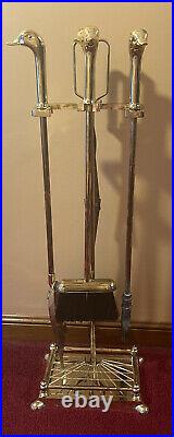 Vintage Brass Duck Head Fireplace Tool Set 4 Tools & Stand Great Condition